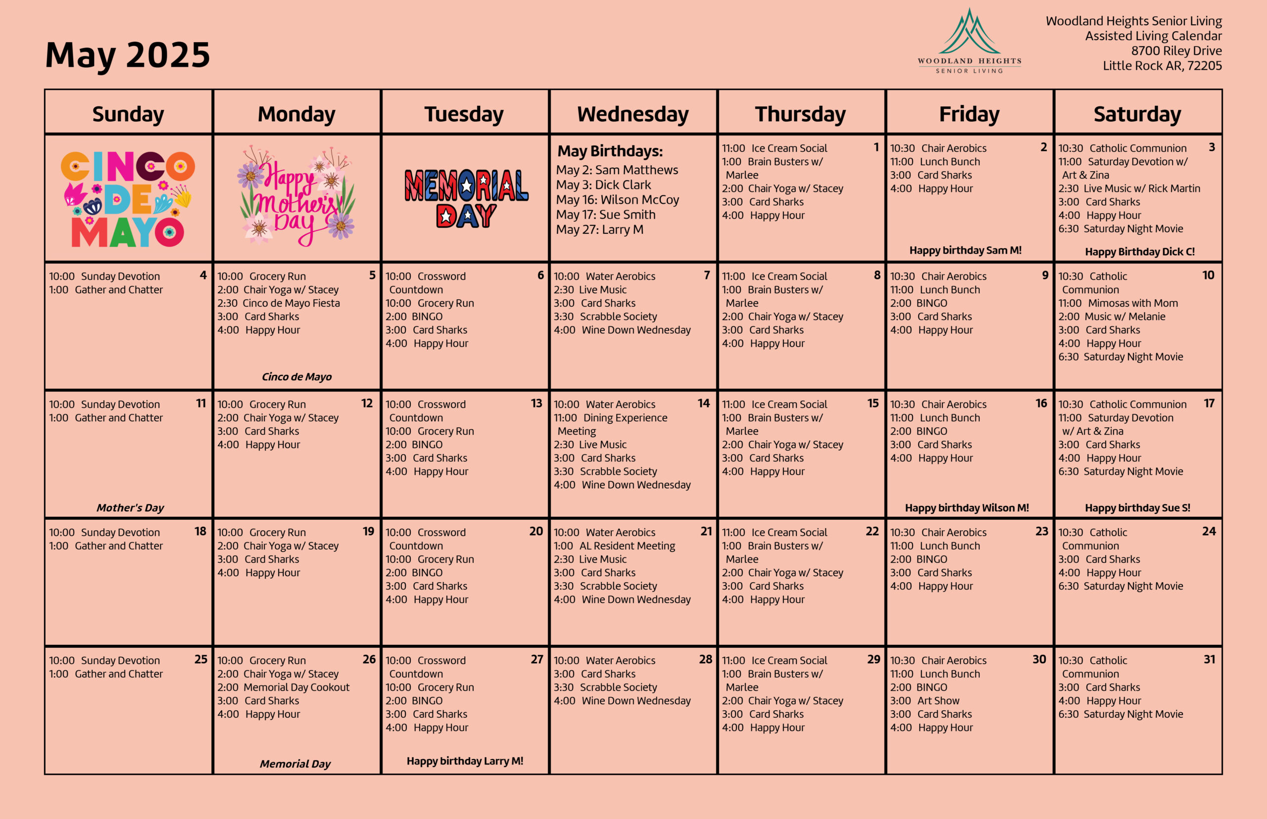 Woodland Heights Senior Living - Assisted Living Calendar