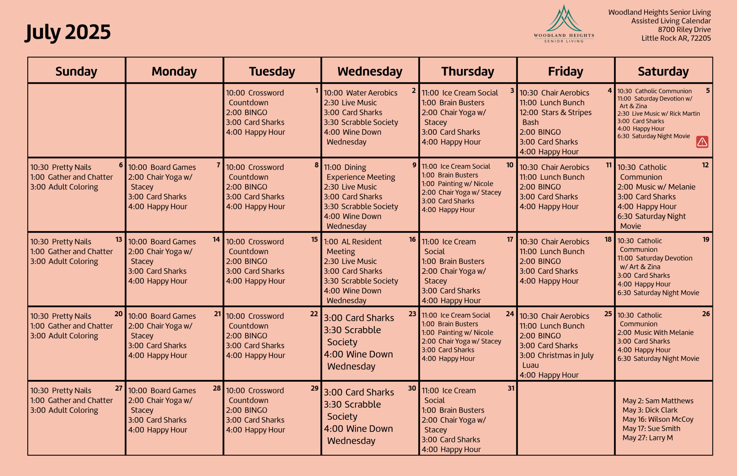 Woodland Heights Senior Living - Assisted Living Calendar