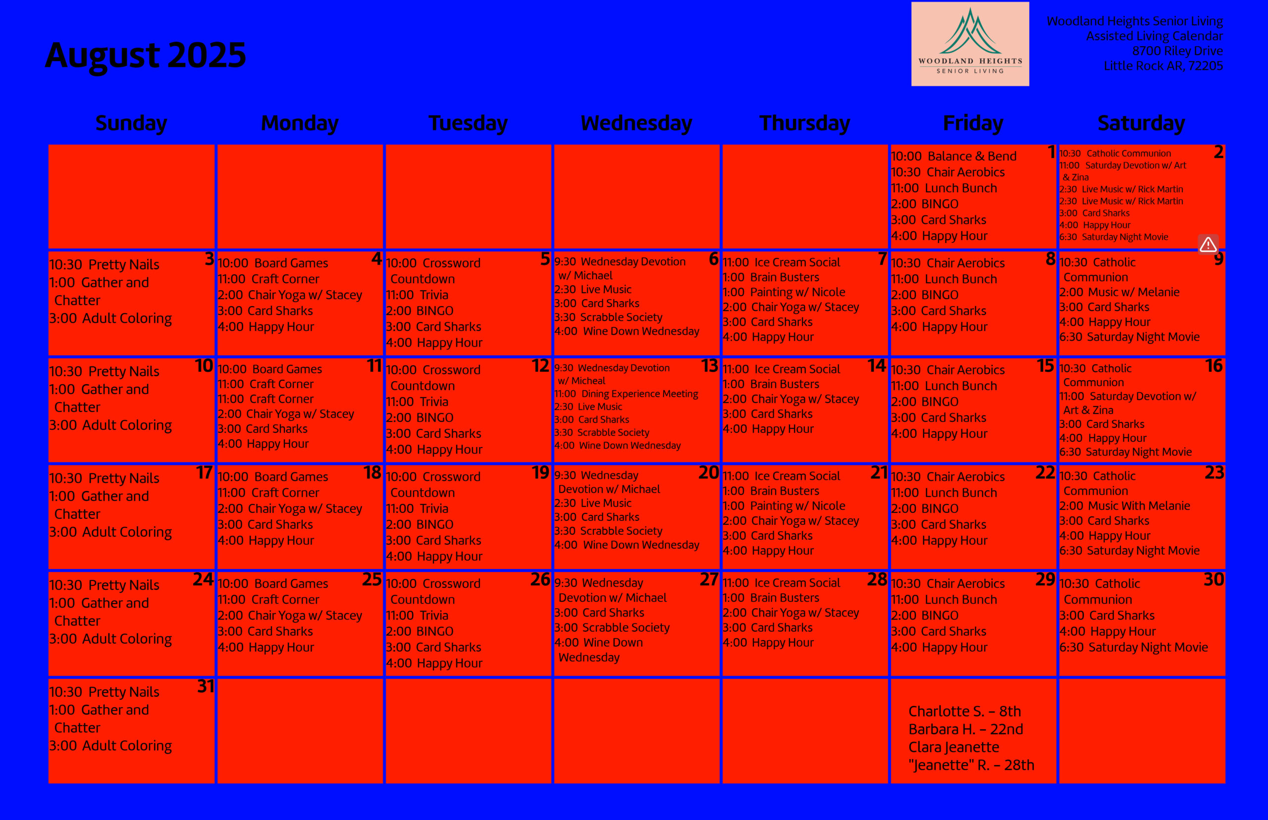 Woodland Heights Senior Living - Assisted Living Calendar