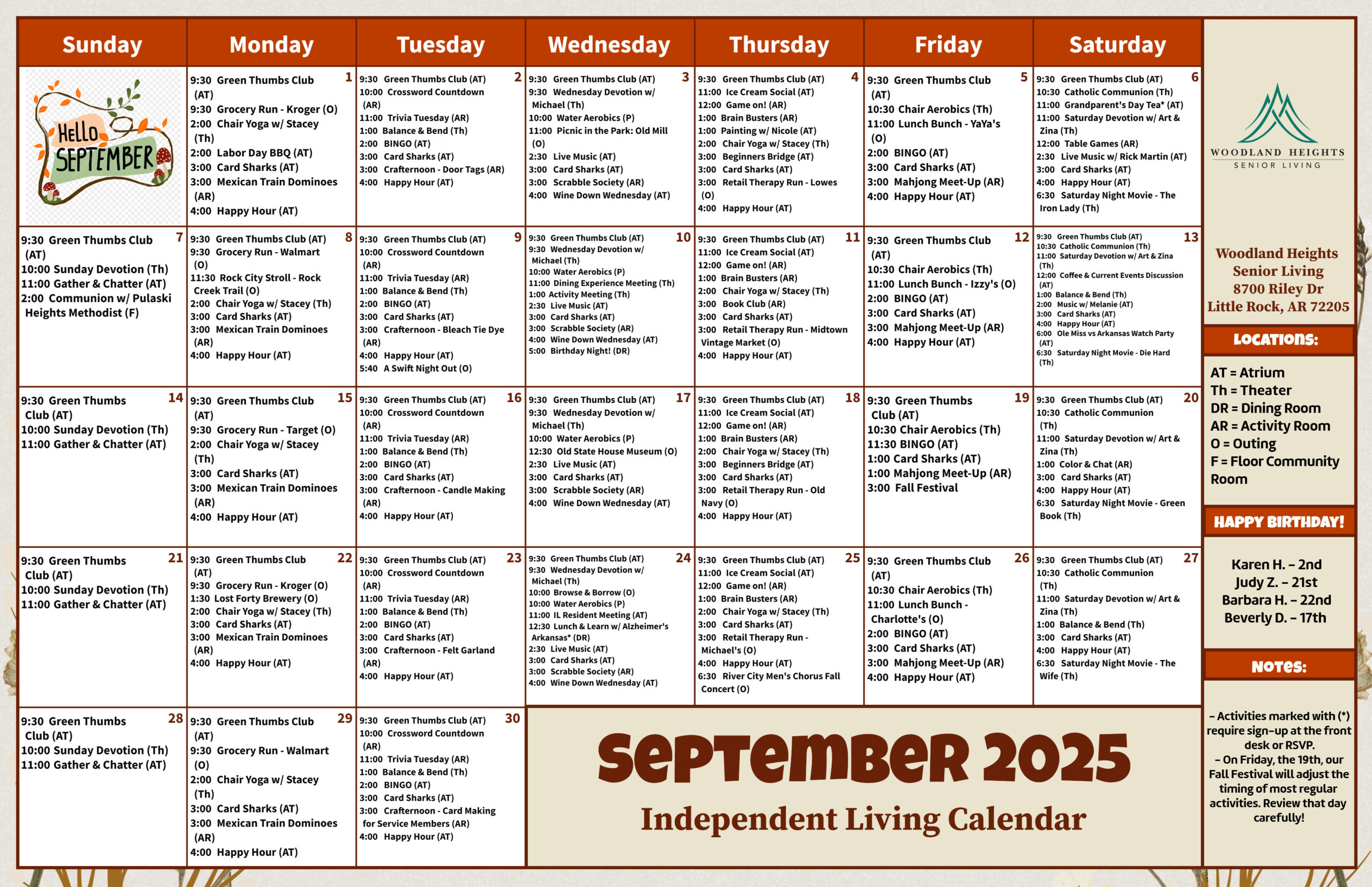 Woodland Heights Senior Living - Independent Living Calendar